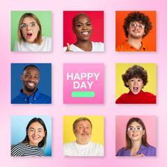 Bright portrait of people on multicolored background. Collage made of 7 models. Concept of human emotions, facial expression, advertising. Happy, smiling, cheerful, successful. Diversity. Happy day