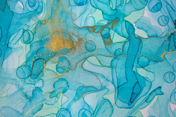 Fototapeta na wymiar Alcohol ink blue and gold abstract background. Ocean style watercolor texture.