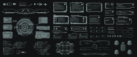 Futuristic HUD elements for user interface. large set of frames, leaders, arrows, pointers, information panels for video game interface and animation. HUD, GUI, UI elements interface
