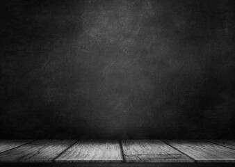 Wooden table on black wall in dark room background for product montage. 3d illustration