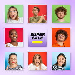 Fototapeta na wymiar Bright portrait of people on multicolored background. Collage made of 7 models. Concept of human emotions, facial expression, advertising. Happy, smiling, cheerful, successful. Diversity. Super sale