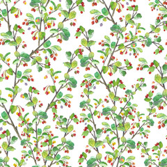 Watercolor seamless pattern with berries on a branch