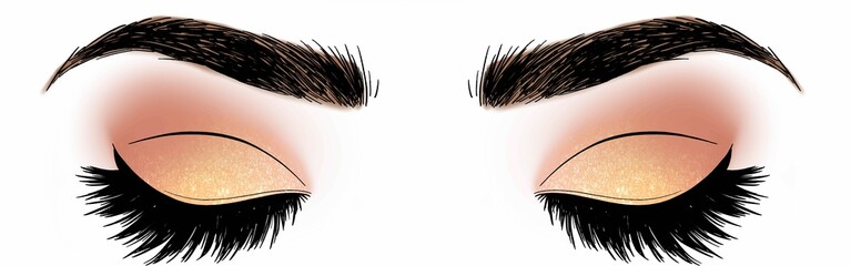 Hand drawn illustration vector closed eyes pale rose pink yellow gold glitter eyeshadow makeup designer 
