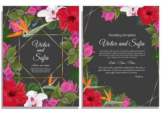 Wedding invitation template on dark background. Tropical leaves and flowers, orchid, hibiscus, bougainvillea, striilizia, monstera, palm leaves.