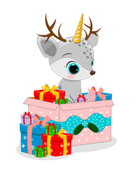 Naklejka premium Vector cute little deer-unicorn illustration . Christmas gift. Birthday gift. Perfect for greeting cards, party invitations, posters, stickers, pin, scrapbooking, icons.