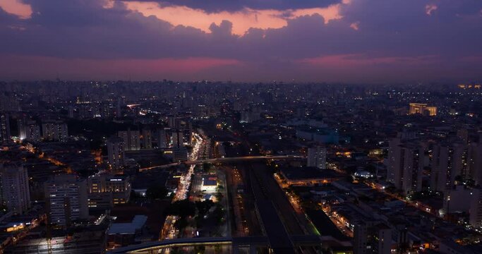 Night aerial view of Avenida Radial Leste, in the eastern region of the city of Sao Paulo, Brazil