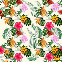 Foto op Aluminium Seamless tropical pattern with palm, monstera leaves and many flowers of hibiscus, sterlitz, tropical © MichiruKayo