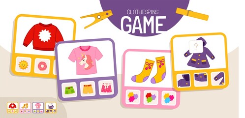 Fototapeta premium Educational game for children. Toddler Activity Clothespins Cards. 