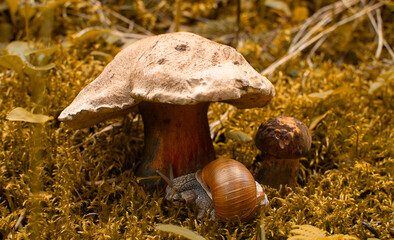 A snail is hiding under a large mushroom cap