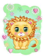 Cute cartoon lion with big eyes in a children's bright style.