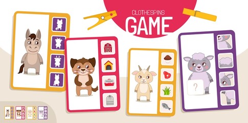 Educational  game for children. Toddler Activity Clothespins Cards. 