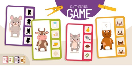 Educational  game for children. Toddler Activity Clothespins Cards. 