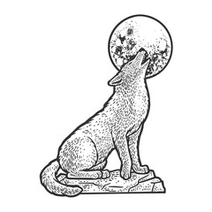 wolf howling at the moon sketch engraving vector illustration. T-shirt apparel print design. Scratch board imitation. Black and white hand drawn image.