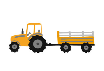 Vector illustration of a yellow tractor with a trailer. Cute stylized tractor. Village, farm.