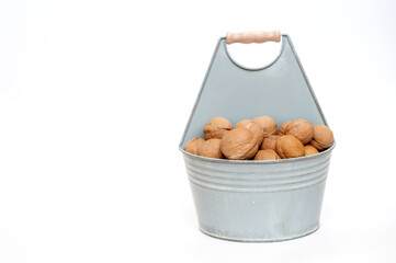 walnuts in a bucket on a white background