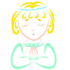cute praying kid with blond hair, colorful pattern
