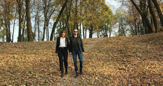 Happy couple in love walks together, holds hands in sunny autumn park