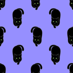 Seamless pattern with cute black cats. Texture for wallpapers, stationery, fabric, wrap, web page backgrounds, vector illustration