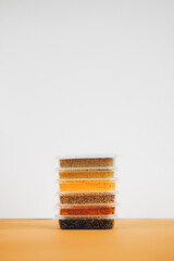 various spices and herbs packed in small transparent plastic bags