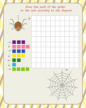 logic game for children. draw the path of the spider to the web according to the diagram