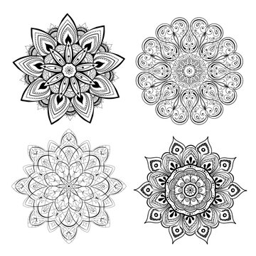 A set of beautiful mandalas and lace circles. Round gradient mandala vector. Traditional oriental ornament with a concentric gradient. Element for applying to objects for yoga, meditation, spiritual