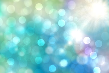 Obraz premium Hello spring background. Abstract bright spring or summer landscape texture with natural blue bokeh lights sun, flowers and bright sunny rays. Spring or summer backdrop with copy space.