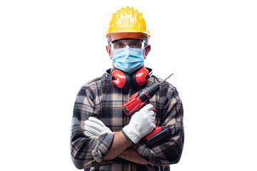 Naklejka premium Carpenter worker isolated on white background, wears helmet, goggles, leather gloves, earmuffs and surgical mask to prevent coronavirus infection. Preventing Pandemic Covid-19 at the workplace.
