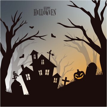 Creepy happy halloween party invitation background. Flat vector.