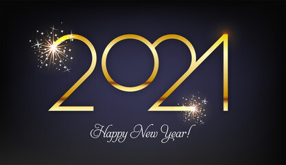 Happy New 2021 Year. Vector holiday illustration. Golden numbers on black background textured with shimmering lights.