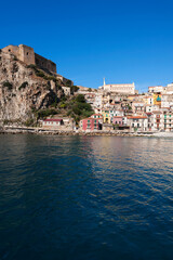 View of the village from the sea with the castle of Ruffo di Calabria, Scilla, district of Reggio Calabria, Calabria, Italy, Europe