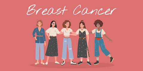 Breast Cancer Awareness month of diverse women friend group hugging together for support, girl team hug concept. Breast Cancer web banner vector