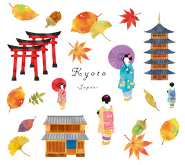 Fototapeta premium 秋の舞妓さんと京都の町家とお寺のセットイラスト 