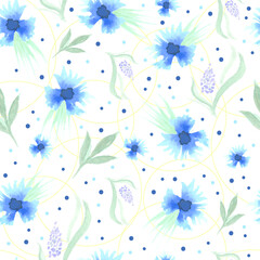 Hand drawn blue knapweed floral seamless pattern with green leaves and dots on white background