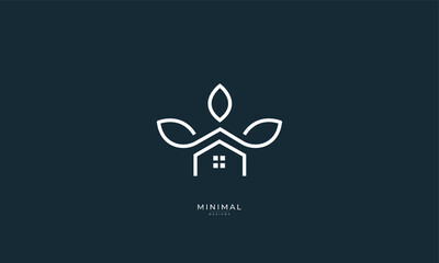 A line art icon logo of a house/home with a leaf/tree 