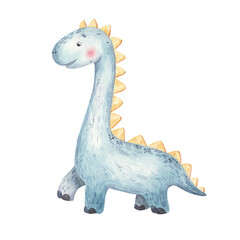 blue cute cartoon dinosaur with a long neck, childrens illustration in watercolor, print design, stickers