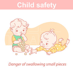 Baby safety. Two children and dangers at home.