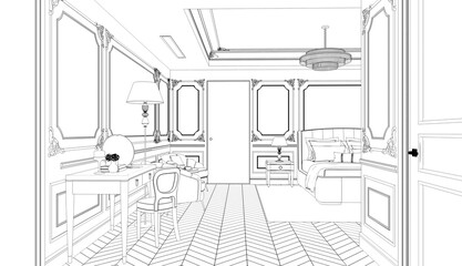 Fototapeta premium interior contour visualization, 3D illustration, sketch, outline