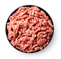 Bowl of minced meat isolated on white, from above