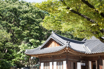 Korean temple tile roof in the foreground.