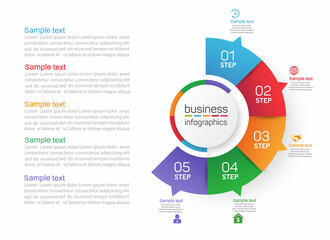 Obraz premium Circle shape business infographics vector design template with 5 options, steps or processes for presentation 