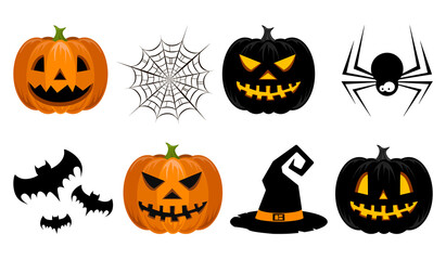 Set with pumpkin, spider web, bats and witch hat on white background. Halloween. For gift paper, textiles, clothes, social networks, wallpaper, prints, festive decor.