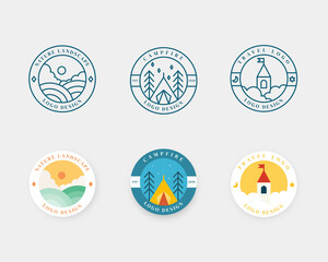 Set of landscape badge design. Adventure and travel logo emblem in flat design. Logotype vector illustration.