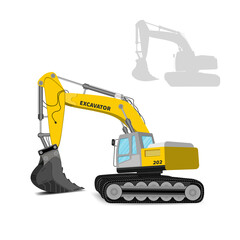 Side view modern yellow powerful excavator for building isolated on white background. vector illustration.
