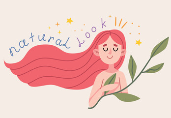 The girl with pink hair is very natural and naked.Woman health and gynecology concept. Wild and natural female beauty.Illustration for children's book. Cute Poster .
Scandinavian style .Minimalisn . 