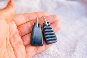 Striped black silver earrings. Handmade jewelry design.