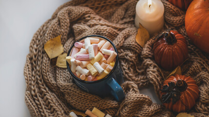 Autumn background with dry leaves, blue cup of coffee. Knitted background, pumpkins, October, November. Autumnal atmosphere. Autumn season.