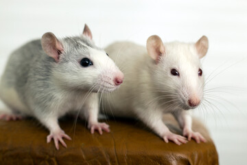 Closeup of two funny white domestic rats with long whiskers.