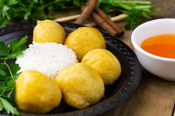 Chicken in batter, rice and sweet sauce, Chinese, oriental food