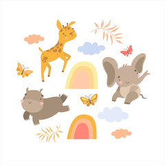 vector set of safari animals and elements, rainbow and clouds