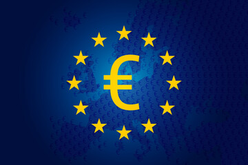 Euro icon on European Union - EU flag background. Europe map background. Blue vector illustration